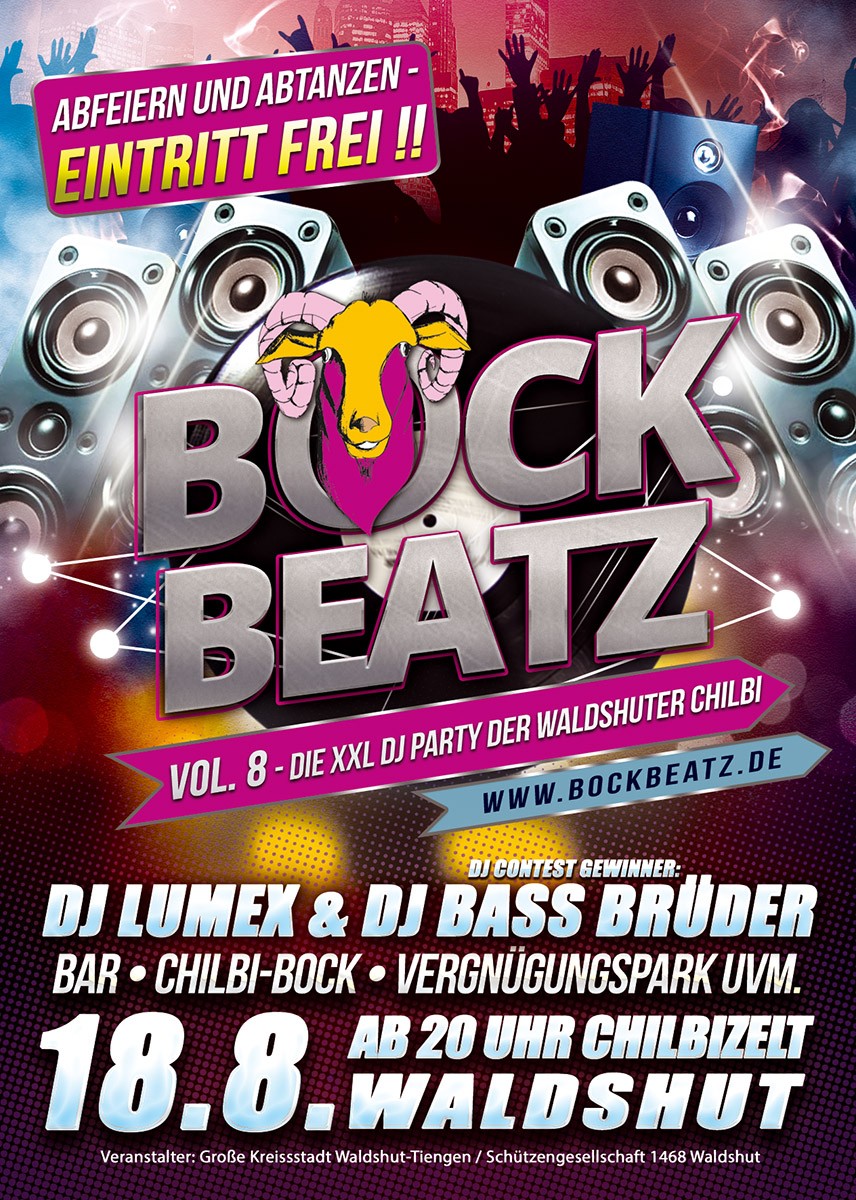 Flyer BOCKBEATZ Vol. 8 – 18. August, ab 20 Uhr im Chilbizelt Waldshut